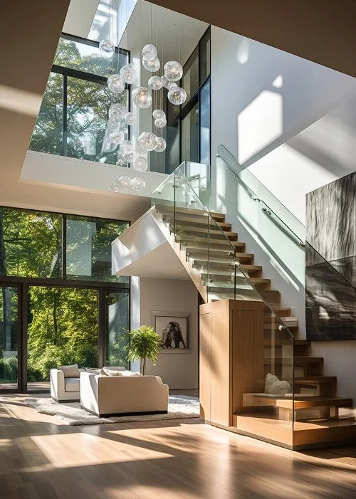 Modern interior with glass staircase, large windows, and contemporary decor.
